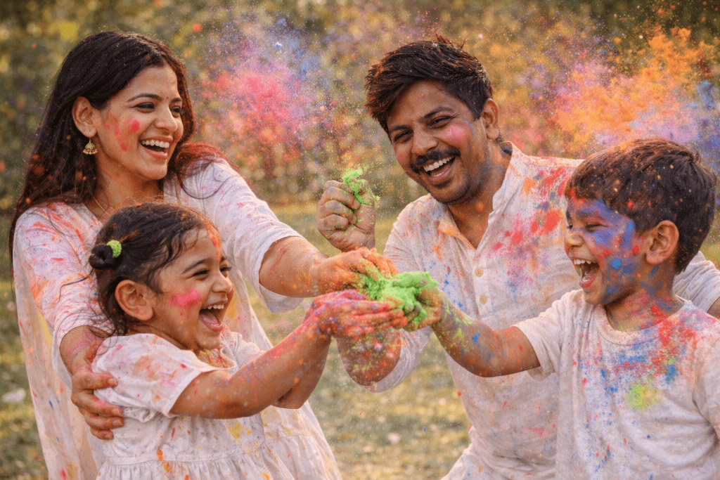 Family playing holi