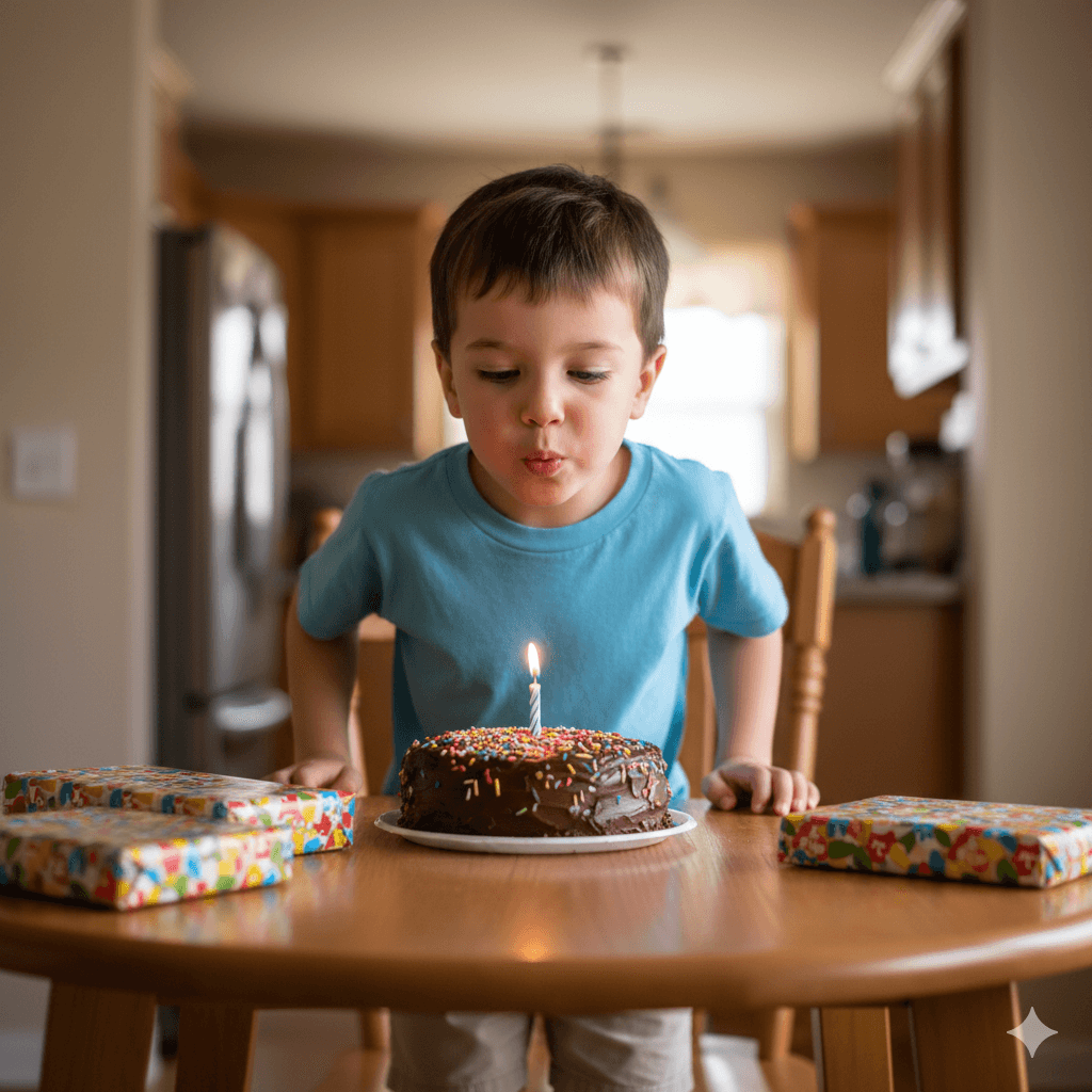 Little boy blowing birthday candle