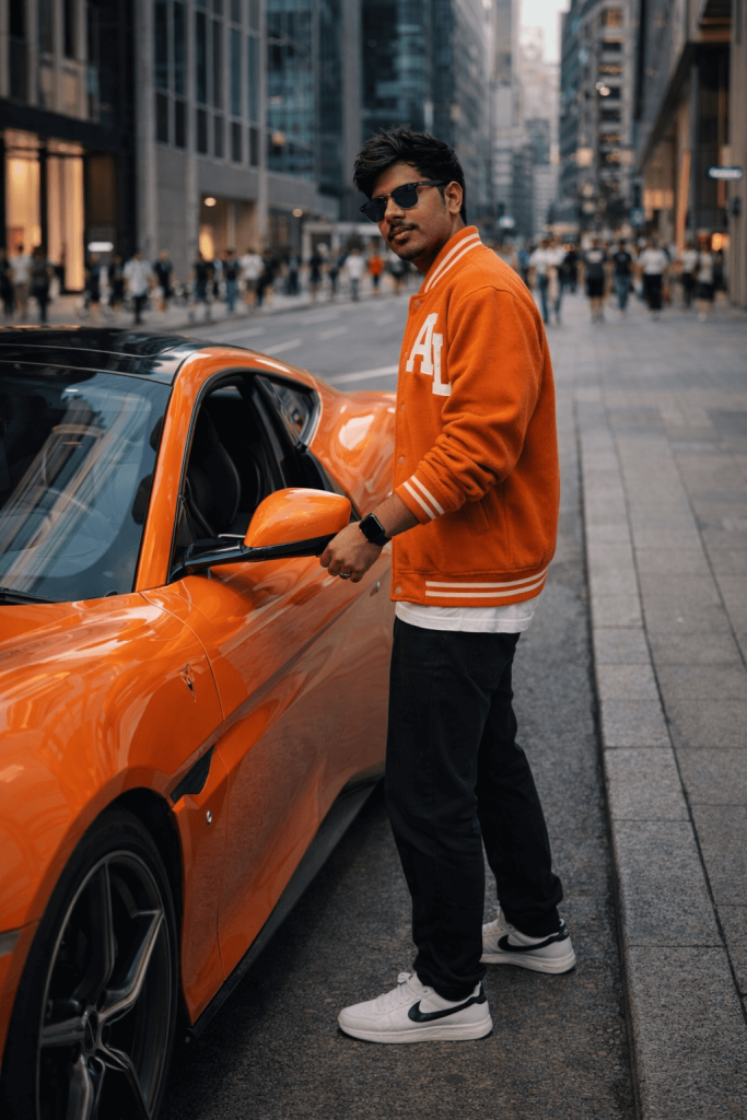 Boy with Orange Jacket and Car
