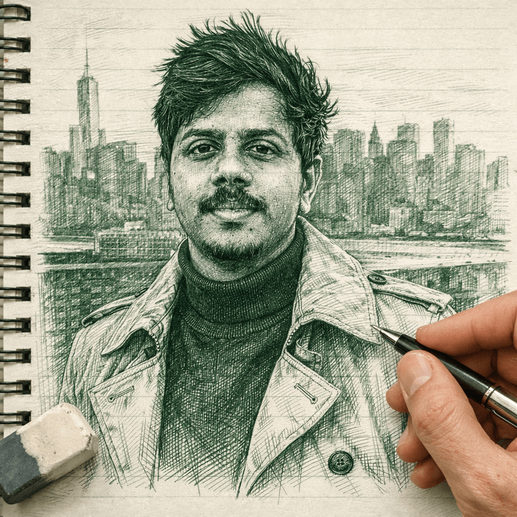 Monochrome Green Ink Sketch Portrait