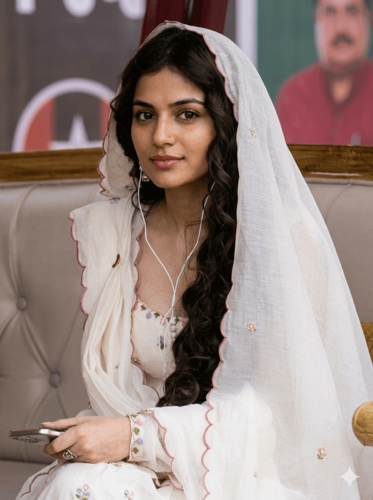 Woman in white dress and earphones