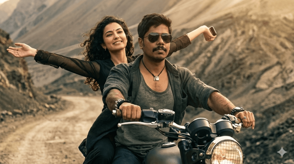 couple riding motorcycle in mountains