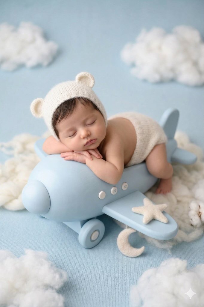 newborn on a toy airplane