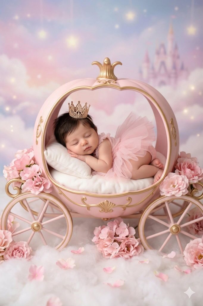 newborn baby photoshoot on a pumpkin chariot ai prompts
