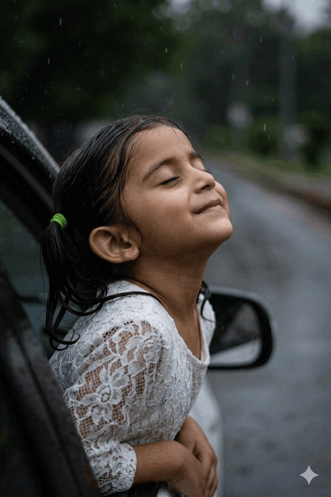 Girl peeping out of the car