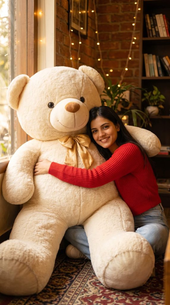 Girl hugging gaint teddy