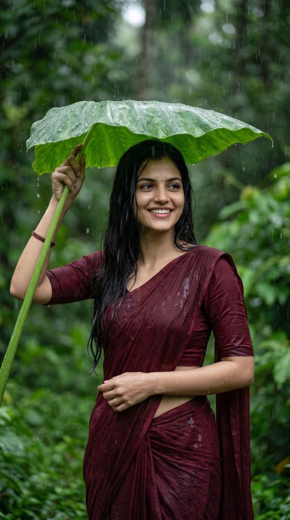 Girl in saree in rain