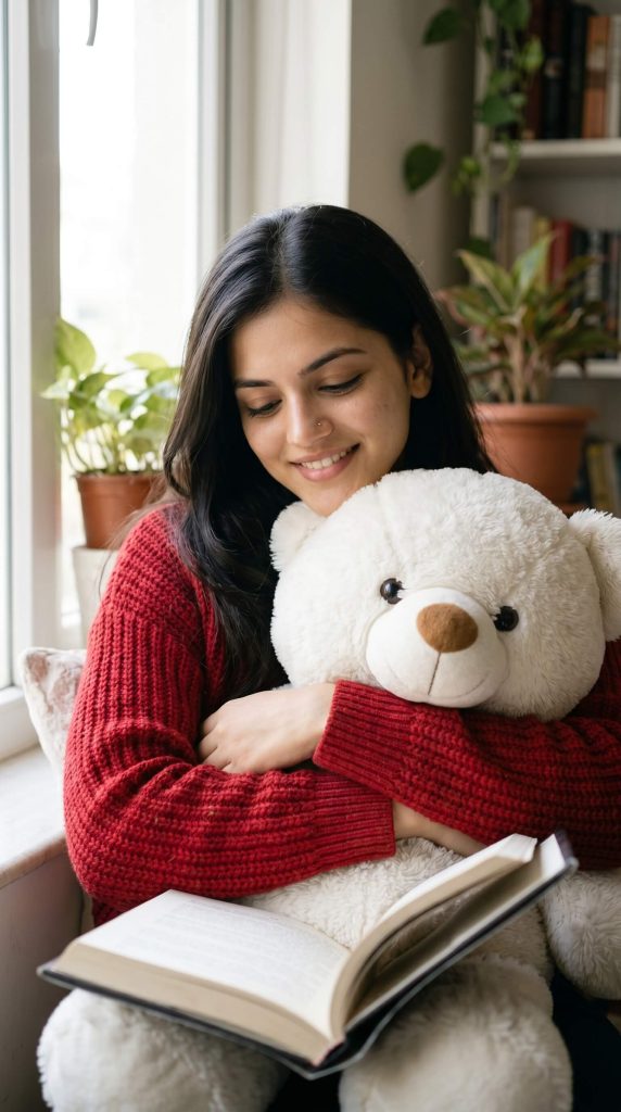 Girl reading book with teddy