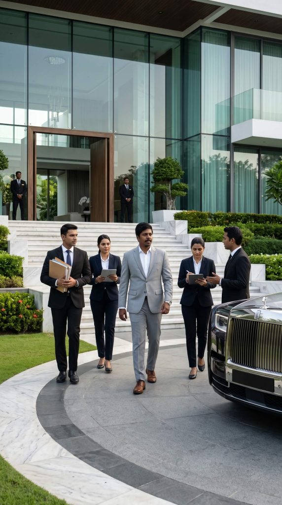 CEO Walking out of luxury mansion