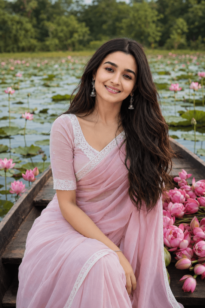 Girl on pink saree sitting on boat